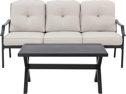 LOKATSE HOME Outdoor Patio Cushioned Loveseat 3 Seats Sofa Bench with Metal Coffee Table, Beige