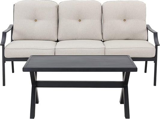 LOKATSE HOME Outdoor Patio Cushioned Loveseat 3 Seats Sofa Bench with Metal Coffee Table, Beige