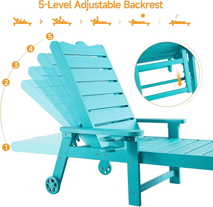 ONBRILL Patio Lounge Chairs with 5-Level Adjustable Backrest, Outdoor Chaise Lounge with CupHolder, All-Weather Lounge Chairs, No Rust, No Fade, No Break, HDPS Material, 350lbs Capacity, Blue