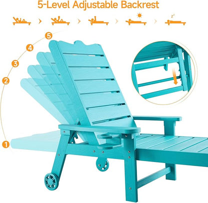 ONBRILL Patio Chaise Lounge Set of 2, Outdoor Lounge Chairs with 5-Level Adjustable Backrest, CupHolder, No Fade, No Break, 350lbs Capacity, HDPS Material, Blue