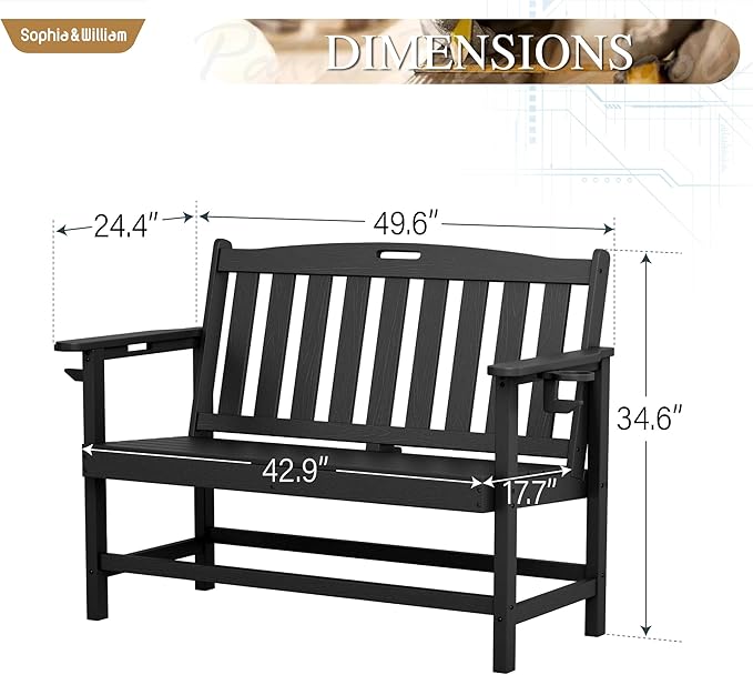 Sophia & William HDPE Outdoor Bench Weatherproof, 2-Person Garden Bench with Cup Holders, 700 lbs Capacity, Patio Benches for Porch, Garden, Backyard and Park, Black