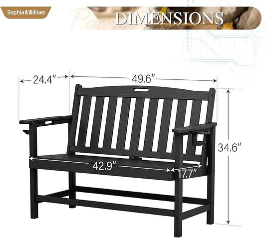 Sophia & William HDPE Outdoor Bench Weatherproof, 2-Person Garden Bench with Cup Holders, 700 lbs Capacity, Patio Benches for Porch, Garden, Backyard and Park, Black