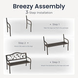 PHI VILLA Outdoor Garden Park Bench Patio 50" Metal Bench, Steel Frame Bench with Backrest and Armrests for Porch, Lawn - Photo 6