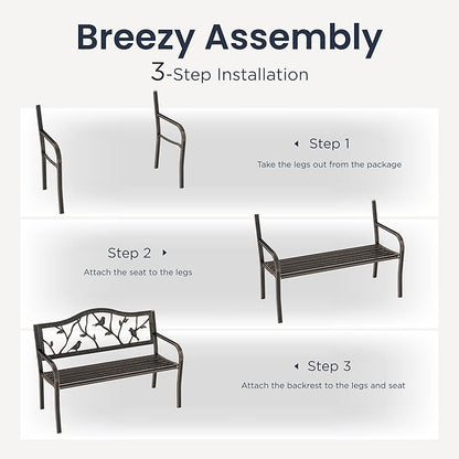 PHI VILLA Outdoor Garden Park Bench Patio 50" Metal Bench, Steel Frame Bench with Backrest and Armrests for Porch, Lawn, Balcony, Backyard and Indoor, Bronze