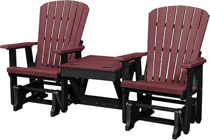 DutchCrafters Slat Fan Back Double Poly Adirondack Glider Outdoor Patio Chairs with Center Table (Black & Cherrywood)