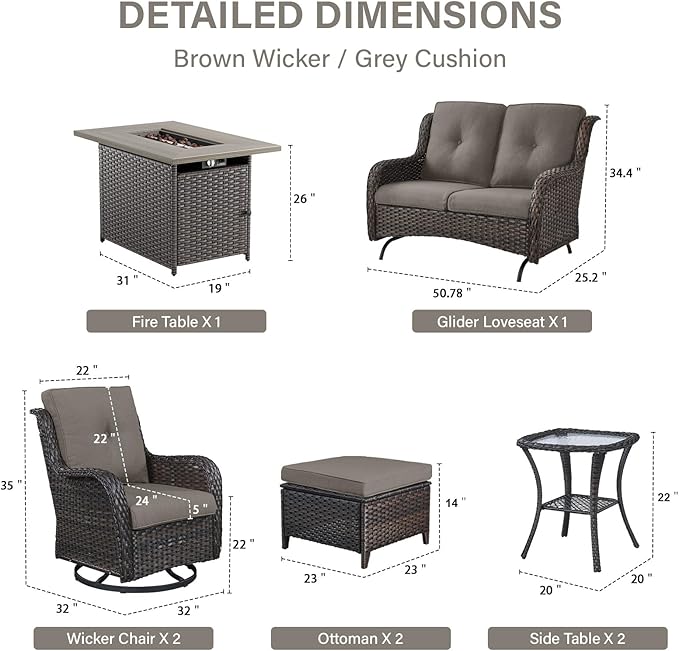 Belord Patio Furniture Set with Fire Pit Table,8 Piece Wicker Outdoor Furniture Set, Swivel Rocker Chairs with Ottomans and Loveseat, All Weather Patio Conversation Set, Pool,Yard, Brown Wicker/Gray
