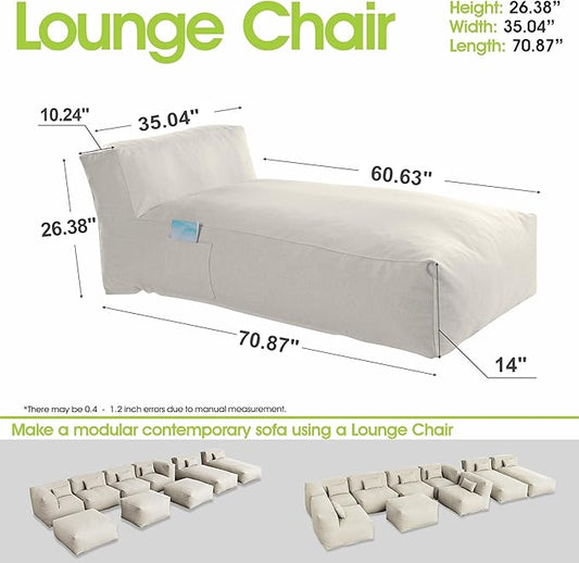 Dineli Chaise Lounge Chair Outdoor Bed Lounger Outdoor Couch Sofa for Pool Comfy Patio Furniture Foam Filling Bean Bed Chair Lazy Sofa for Outside, Water-Resistant Sunbed (Ivory, 70'' Length)