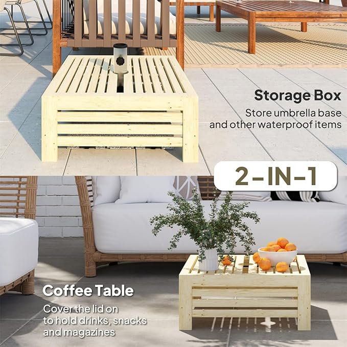 Wooden Outdoor Coffee Table with Umbrella Hole, 24.4 x 24.4 inches, Umbrella Base Stand Storage Box Design, Fir Wood (Natural)