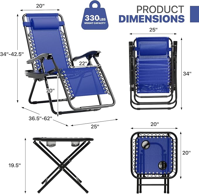 Magshion Folding Zero Gravity Chairs Set of 2, Outdoor Reclining Camping Chairs, Patio Lounge Recliners with Side Table & Cup Holder Tray, Blue