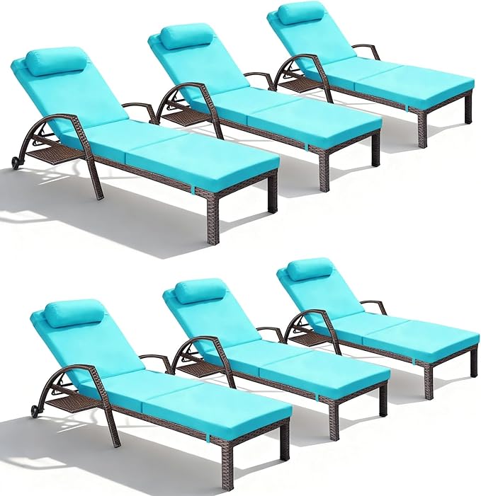 Patio Chaise Lounge Chairs Set of 6 Wicker Pool Lounge Chairs Outdoor with 5 Adjustable Back & Removable Cushion & Tray Tanning Chair Sun Loungers for Patio Poolside Deck Beach
