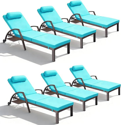 Patio Chaise Lounge Chairs Set of 6 Wicker Pool Lounge Chairs Outdoor with 5 Adjustable Back & Removable Cushion & Tray Tanning Chair Sun Loungers for Patio Poolside Deck Beach