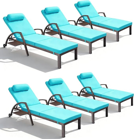 Patio Chaise Lounge Chairs Set of 6 Wicker Pool Lounge Chairs Outdoor with 5 Adjustable Back & Removable Cushion & Tray Tanning Chair Sun Loungers for Patio Poolside Deck Beach