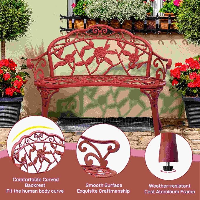 38.5” Outdoor Porch Bench with Hollow Rose Design,Elegant Garden Bench Park Bench for Backyard,Iron Bench with Arms (red)