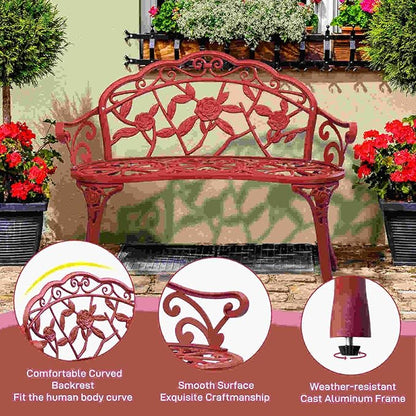 38.5” Outdoor Porch Bench with Hollow Rose Design,Elegant Garden Bench Park Bench for Backyard,Iron Bench with Arms (red)