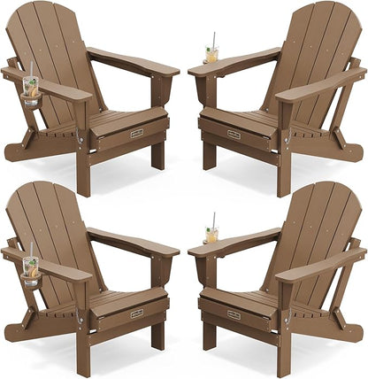 SERWALL Folding Adirondack Chair Set of 4 Outdoor Chairs with Cup Holder Painted Adirondack Chair Weather Resistant for Patio Deck Garden, Backyard Deck, Fire Pit- Brown
