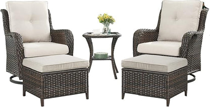 Rilyson Wicker Patio Furniture Set - 5 Piece Rattan Outdoor Sectional Conversation Sets with 2 Swivel Rocking Chairs,2 Ottomans and 1 Side Table for Porch Deck Garden(Brown/Beige)