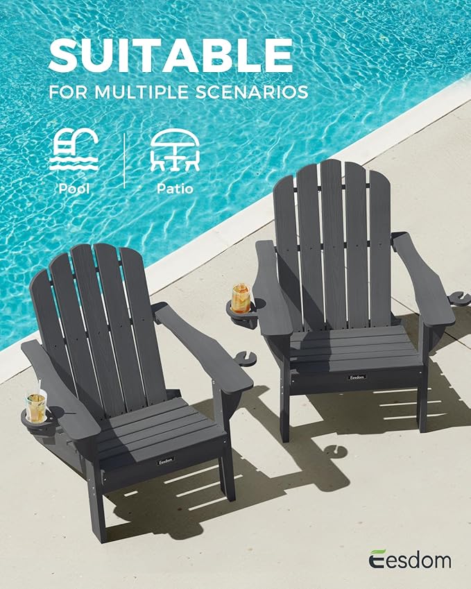 Adirondack Chairs Set of 4, Foldable Adirondack Chairs with 2 Cup Holder, Wood Texture HDPE Fire Pit Chairs - Photo 9