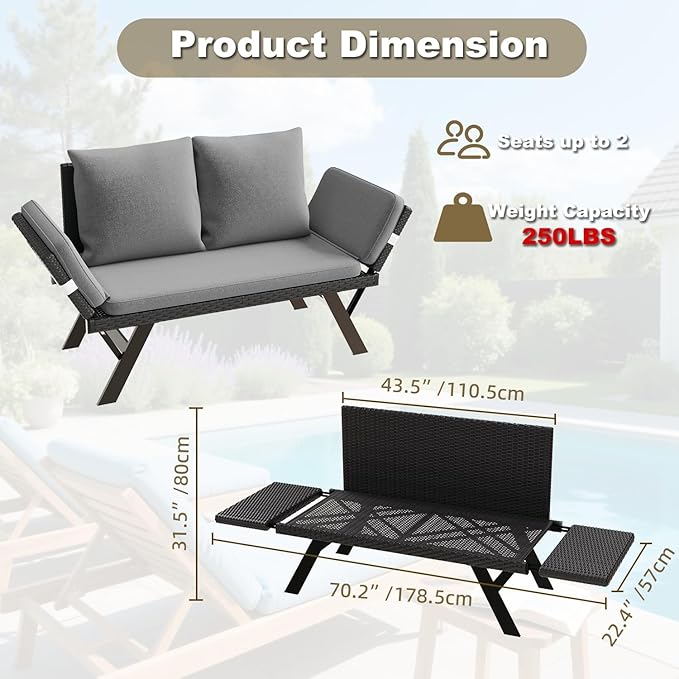 TAVATA Outdoor Patio Sofa, Woven Rattan Patio Loveseat with Adjustable Armrests & Removable Cushions - Photo 3