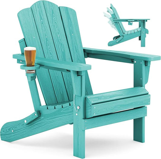 KINGYES Adjustable Folding Adirondack Chair, 3-Position Reclining Adirondack Chairs with Cup Holder, HDPE All-Weather Oversized Adirondack for Outdoor, Patio, Backyard Deck, Fire Pit, Aruba Blue