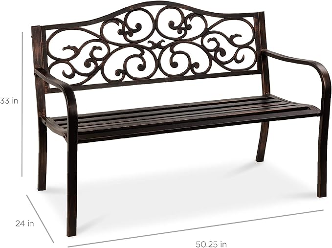 Best Choice Products 50in Classic Steel Garden Bench Chair Furniture for Outdoor, Patio, Yard, Lawn w/Floral Scroll Design - Bronze