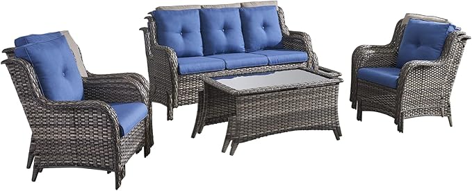 HUMMUH Outdoor Furniture 4 Pieces Patio Furniture Set Wicker Outdoor Sectional Sofa with 2 Patio Chairs,Coffee Table(Grey/Blue)