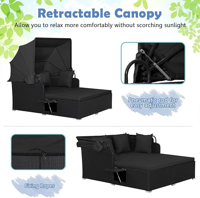 Moccha Outdoor Daybed with Retractable Canopy, Wicker Cabana with 2 Side Tables & Soft Cushions - Photo 3