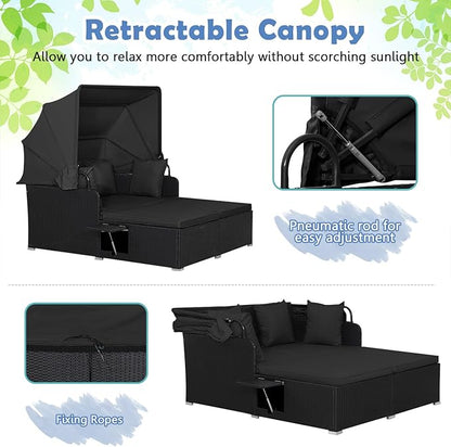 Moccha Outdoor Daybed with Retractable Canopy, Wicker Cabana with 2 Side Tables & Soft Cushions ,Hand-Woven PE Rattan Bed Lounger, Patio Sectional Furniture Set for Garden Backyard Porch (Black)