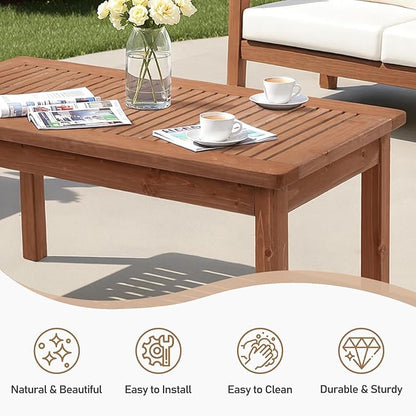 VINGLI Outdoor Wood Coffee Table, 35" Farmhouse Side Table for Patio, Solid Cedar Wood Accent Table with Slatted Tabletop, Weather-Resistant End Table for Garden, Poolside, Lawn, Living Room (Brown)