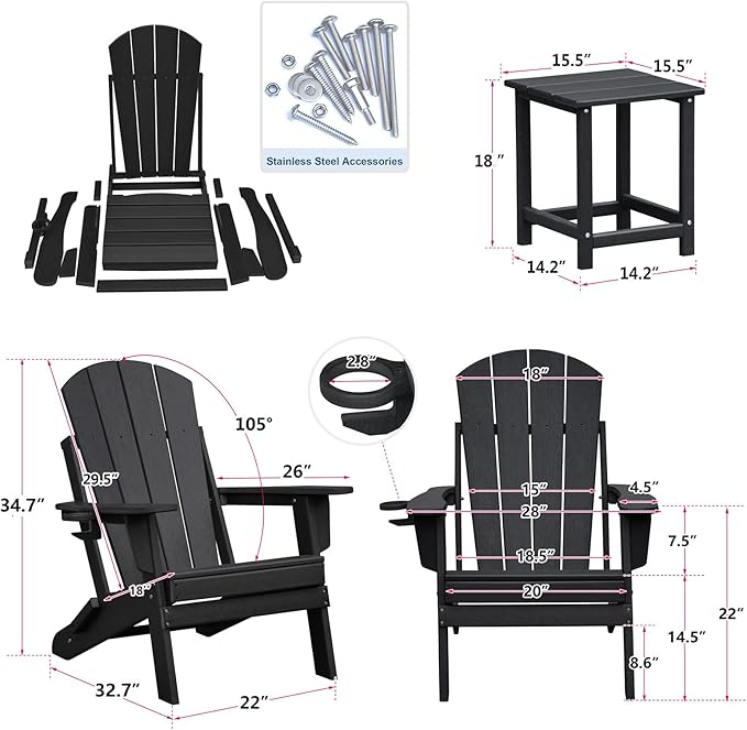 Skypatio 3 Pieces Folding Adirondack Chairs Set, Weather Resistant Adirondack Chairs Set of 2 with Cup Holder, 1 Side Table, 380 lbs Weight Capacity Portable Patio Fire Pit Chairs (Black)