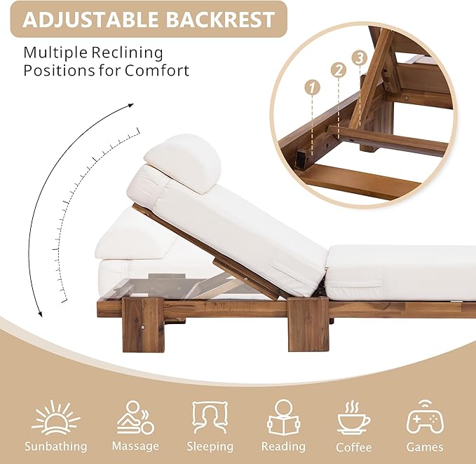 78.8'' Outdoor Patio Chaise Lounge Chair, Acacia Wood Adjustable Recliner with Headrest, Perfect for Terrace, Poolside - Photo 4