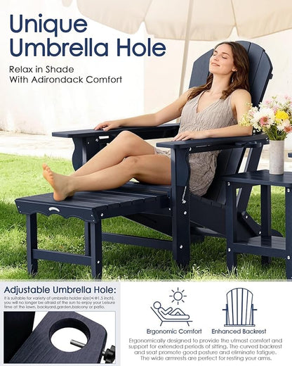 Folding Adirondack Chair with Ottoman, Recyclable HDPE Adirondack Patio Chair with 2 Cup Holder, Outdoor Fire Pit Chairs with Pull Out Footrest, Weather Resistant for Garden, Deck, Poolside, Navy Blue
