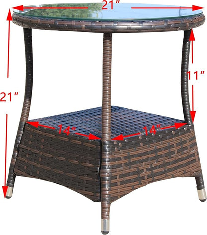 Round Outdoor PE Wicker Side Table with Storage, Patio Rattan End Table Round Glass Top Table for Furniture Gardening Tools