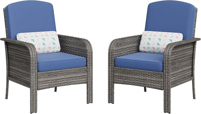 GarveeHome Outdoor Wicker Chairs Set of 2, All-Weather High Back Rattan Patio Furniture, 2-Piece Conversation Set with Comfy Cushions for Porch, Deck (Gray, Blue Cushion)