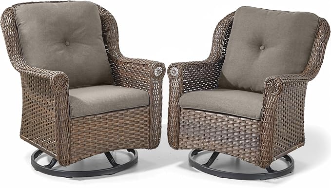 Patio Chairs Outdoor Swivel Glider - Set of 2 High Back Outside Brown Wicker Rattan Rocking Chair with Zippered Cushion - Photo 1