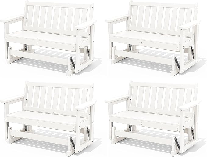 SERWALL Outdoor Glider Bench Set of 4, HDPE Weather-Resistant Swinging Bench for Backyard Garden Porch, White - Photo 1