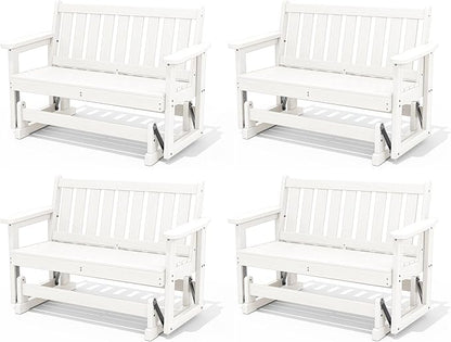 SERWALL Outdoor Glider Bench Set of 4, HDPE Weather-Resistant Swinging Bench for Backyard Garden Porch, White