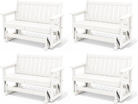 SERWALL Outdoor Glider Bench Set of 4, HDPE Weather-Resistant Swinging Bench for Backyard Garden Porch, White