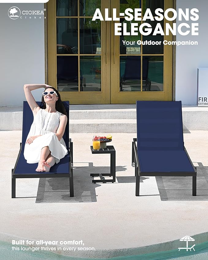 Aluminum Chaise Lounge Chair Outdoor with Wheels, Patio Lounge Chair with Adjustable 5-Position Recliner and Full Flat Tanning Chair for Patio, Beach, Pool, Navy Blue