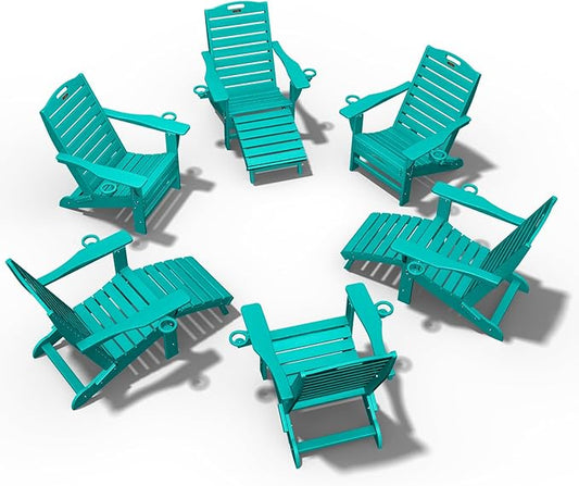 Ciokea Folding Adirondack Chair Set of 6 with Retractable Ottoman Fire Pit Patio Chair with Pull Out Foot Rest Weather Resistant Lawn Outdoor Chair with 2 Cup Holder (Lake Blue)