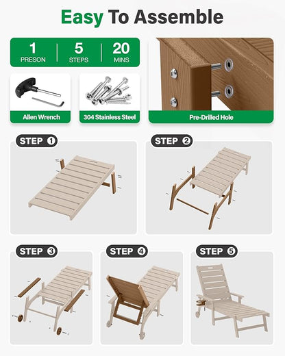 YEFU Lounge Chair Outdoor Set of 4: Outdoor Chaise Lounge with 5-Level Adjustable Backrest, Cup Holders & Wheels, All-Weather Resistance Chaise Lounge for Outside/Patio/Beach/Deck, Teak