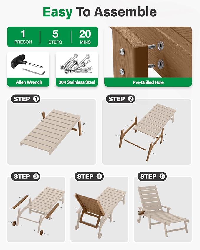 YEFU Lounge Chair Outdoor Set of 4: Outdoor Chaise Lounge with 5-Level Adjustable Backrest, Cup Holders & Wheels, All-Weather Resistance Chaise Lounge for Outside/Patio/Beach/Deck, Teak