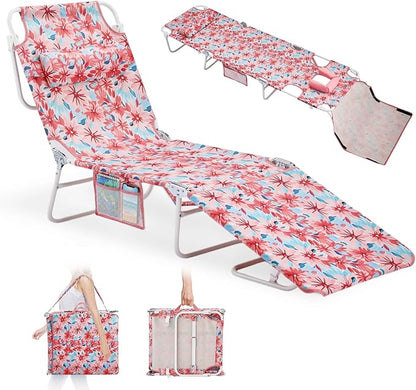 VINGLI Tanning Chair, Beach Lounge Chair with Face Hole, Lounge Chair Outdoor, Height-Adjustable Tanning Lounger, Anti-Tip Design, Carrying Bag, 475lbs, Flower
