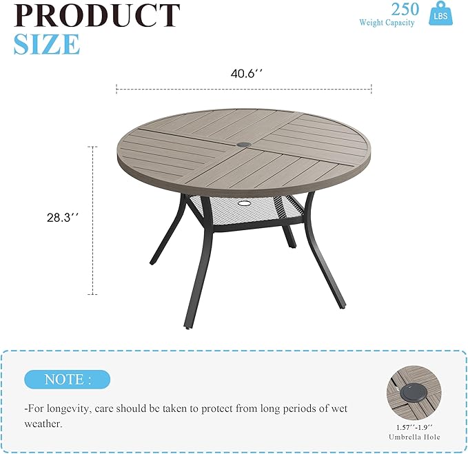VICLLAX 40.6" Round Patio Table with Umbrella Hole, All Weather Metal Outdoor Dining Table for 4, Outside Table with Storage Shelf for Lawn Garden, Grey Wood-Grain Finish