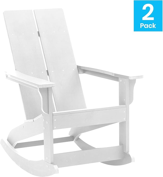 Flash Furniture Finn Modern Commercial Poly Resin Wood Adirondack Rocking Chair - All Weather White Polystyrene - Dual Slat Back - Stainless Steel Hardware - Set of 2