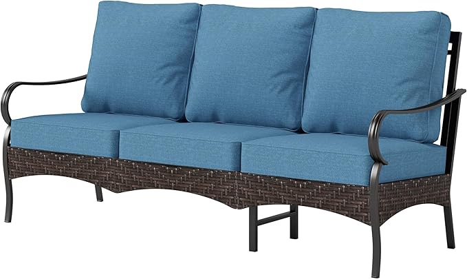 PHI VILLA Wicker & Metal Outdoor Patio Couch, 3-Seat Patio Sofa with Deep Seating for Front Porch, Deck, Balcony - Photo 8