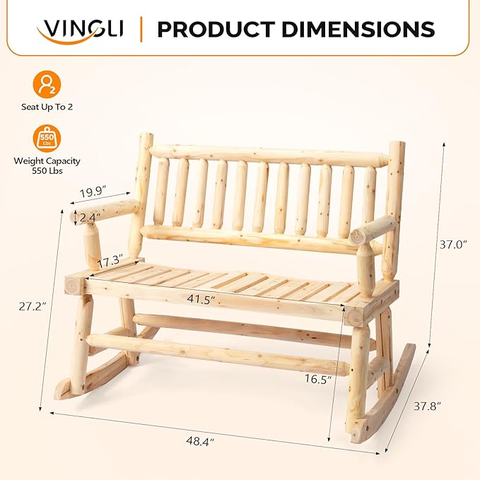VINGLI Fir Wood Double Rocking Chair for Porch & Garden - 550lb Capacity Weather-Resistant Outdoor Loveseat with High Backrest, Patio Rocker for Backyard, Deck, Natural