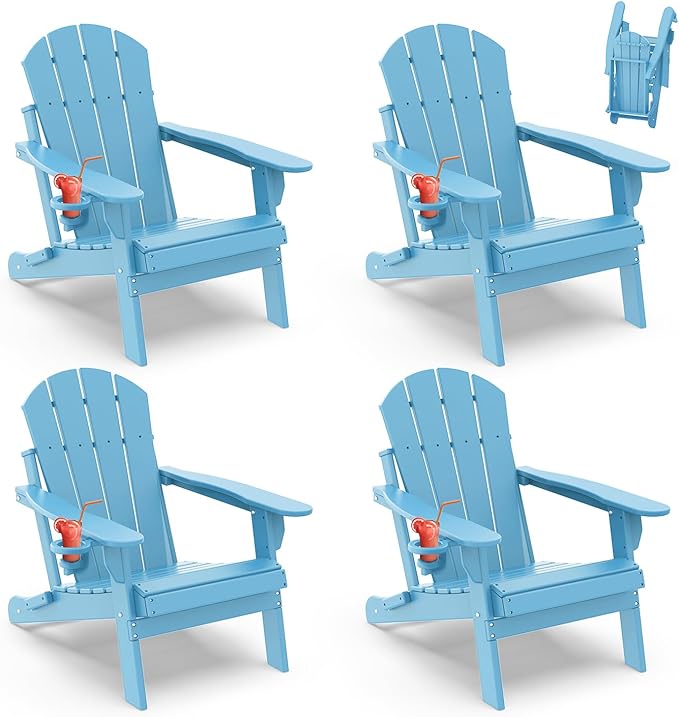 IVY&LANE Folding-Adirondack-Chairs-Set-of-4 | HDPE Plastic | Outdoor Fire Pit Chair with Cup Holder | Arctic | Poly | Weather Resistant | for Patio Deck Poolside Garden Beach