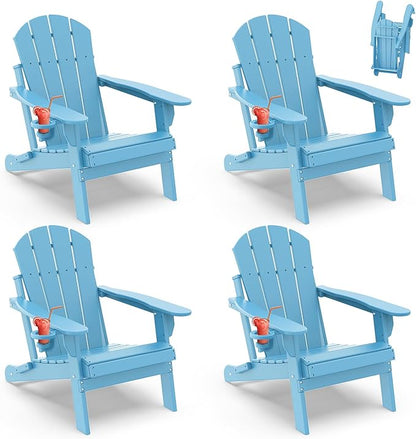 IVY&LANE Folding-Adirondack-Chairs-Set-of-4 | HDPE Plastic | Outdoor Fire Pit Chair with Cup Holder | Arctic | Poly | Weather Resistant | for Patio Deck Poolside Garden Beach