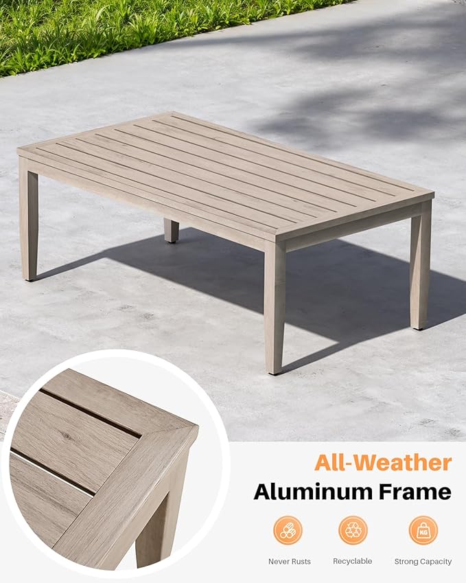 Never-Rust Aluminum Outdoor Coffee Table, All-Weather Patio Coffee Table with Faux Wood Grain Finish Frame, Rectangle - Photo 4