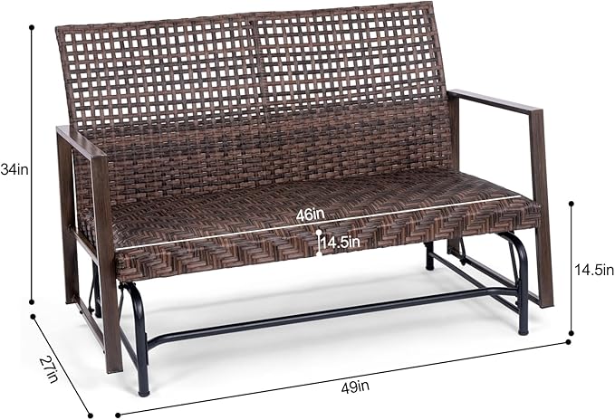 Wicker 2 Person Patio Glider with Double Weaved Wicker Seat, Powder Coated Metal Frame, 50" W x 25.5" D x 35.5" H - Photo 3